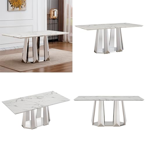 Marble Dining Table for 6 People, 70'' Rectangle Faux Marble Dining Table with Mirrored Stainless Steel Base, Large Size Marble Kitchen Table (Silver,White)(only Table)