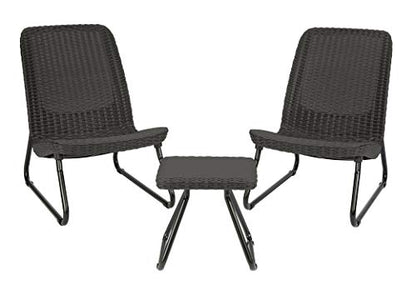 Keter Rio 3 Piece Resin Wicker Patio Furniture Set with Side Table and Outdoor Chairs for Front Porch and Backyard Decor, Dark Grey