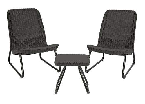 Keter Rio 3 Piece Resin Wicker Patio Furniture Set with Side Table and Outdoor Chairs for Front Porch and Backyard Decor, Dark Grey