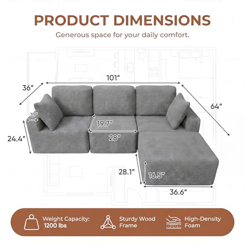 Sectional Couches for Living Room, Modern Boneless Couch with Deep Seat, Upholstered Cloud Sofa, No Assembly Required (Grey, L Shaped Sofa)