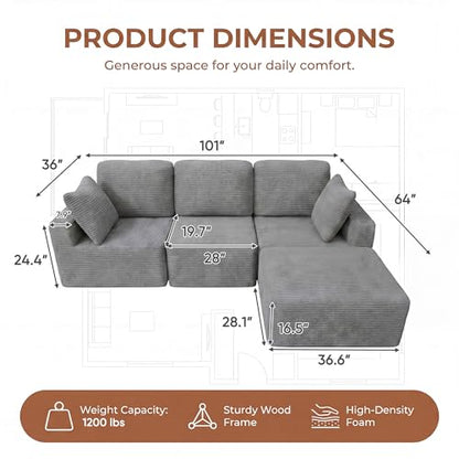 Sectional Couches for Living Room, Modern Boneless Couch with Deep Seat, Upholstered Cloud Sofa, No Assembly Required (Grey, L Shaped Sofa)