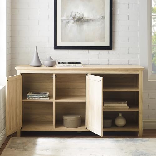 Modern Wood Grooved Buffet Sideboard with Open Storage Entryway Serving Storage Cabinet Doors Dining Room Console, 58 Inch, Birch