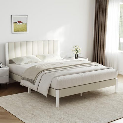 Metal Platform Bed Frame with Velvet White Headboard, view 4