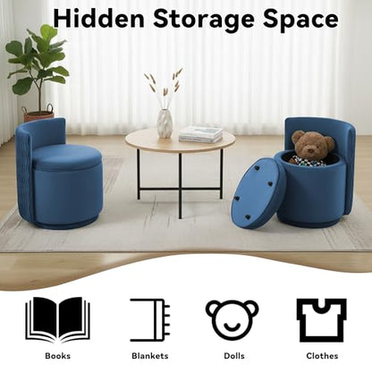 360° Swivel Velvet Vanity Chair with Storage, Barrel Makeup Chair with Wave Back, No Assembly Upholstered Vanity Small Accent Chairs for Living Room, Blue