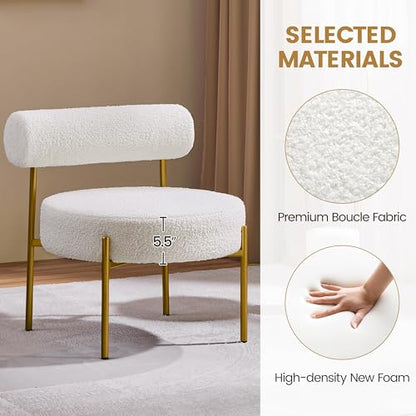Yaheetech Boucle Accent Chair, Modern Tufted Vanity Chair, Cozy Sherpa Barrel Chair with Gold Legs, Club Chair for Living Room Bedroom Vanity Room Home Office, White