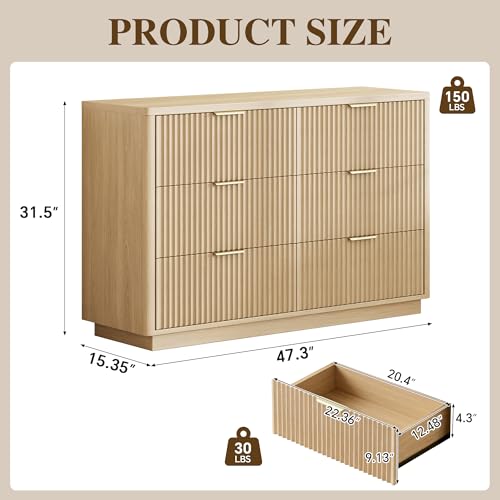 Fluted 6 Drawer Dresser for Bedroom, view 3