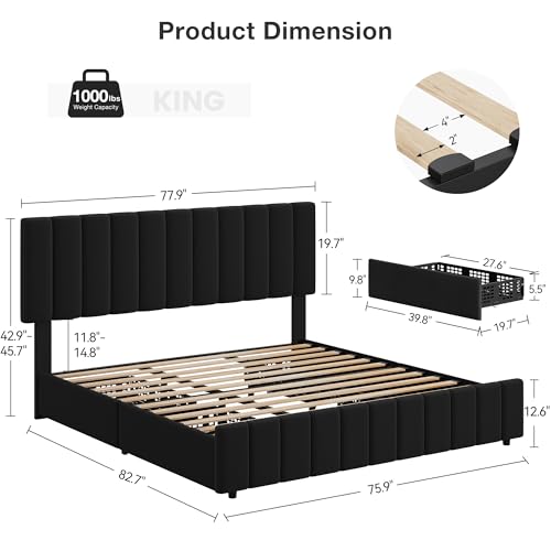 King Size Bed Frame, Linen Bed Frame with 4 Storage Drawers, Black, view 3