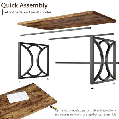 Rustic Computer Desk,55 Inch Metal Wooden Home Office Writing Desk, view 7