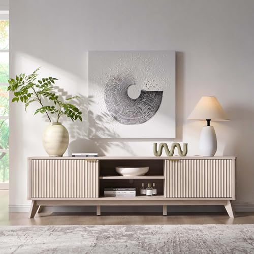 70" Mid Century Modern Fluted TV Stand w/ 2 Soft Close Door,Alder White, view 4
