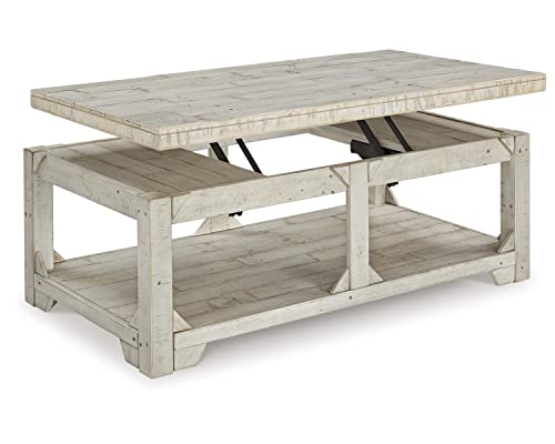 Signature Design by Ashley Fregine Farmhouse Rectangular Lift Top Coffee Table with Floor Shelf, Whitewash with Weathered Finish