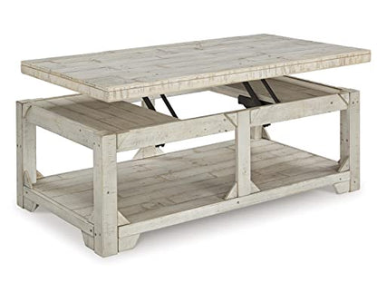 Signature Design by Ashley Fregine Farmhouse Rectangular Lift Top Coffee Table with Floor Shelf, Whitewash with Weathered Finish