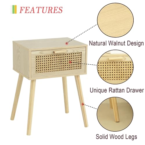 Rattan Nightstand, Bedside Table with Rattan Drawer, Wood End Table with Storage and Solid Wood Legs for Bedroom Living Room Small Space (Walnut)