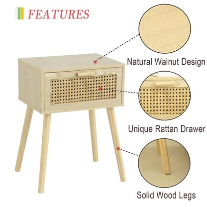 Rattan Nightstand, Bedside Table with Rattan Drawer, Wood End Table with Storage and Solid Wood Legs for Bedroom Living Room Small Space (Walnut)