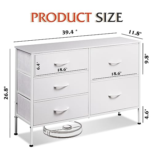 5 Drawer White Fabric Dresser for Bedroom, Wide Storage Chest, view 4