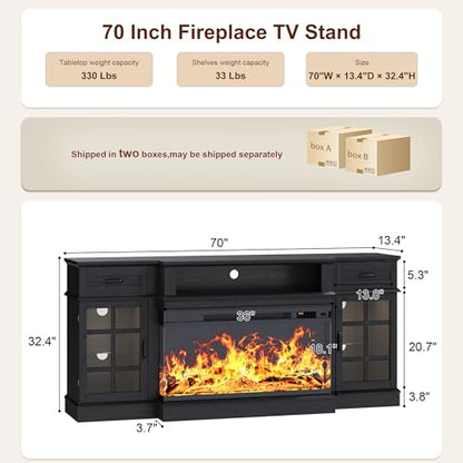70" Fireplace TV Stand, 3-Sided Glass Fireplace and Modern Entertainment Center, view 3