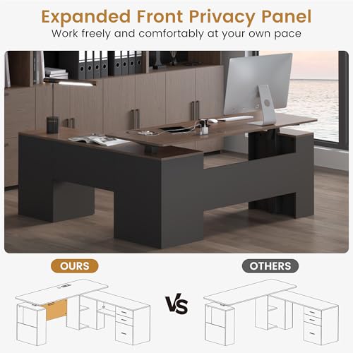 63" L Shaped Executive Standing Desk with Drawers,Brown and Black, view 5