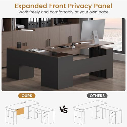 63" L Shaped Executive Standing Desk with Drawers,Brown and Black, view 5