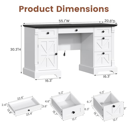 55'' Farmhouse Executive Desk with Drawers, White, view 3
