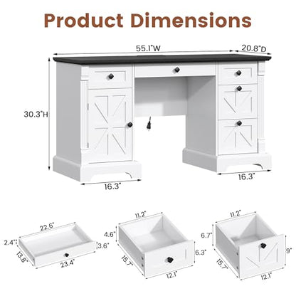 55'' Farmhouse Executive Desk with Drawers, White, view 3