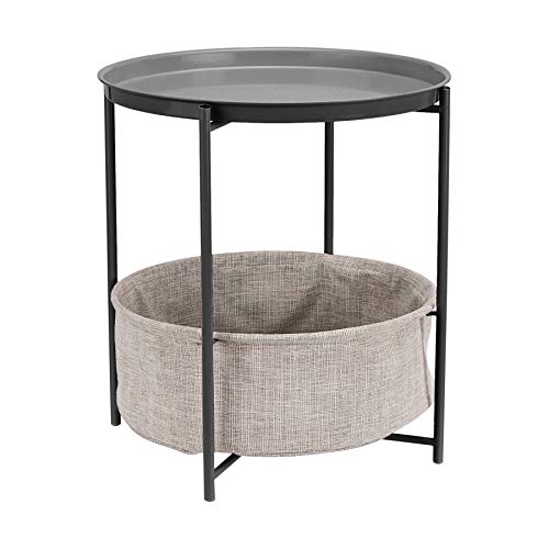 Round Storage End Table, Nightstand for Bedroom or Living Room, Easy Assembly, with Cloth Basket, Charcoal/Heather Gray, 17.7 x 17.7 x 18.9 in | Side Table