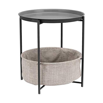 Round Storage End Table, Nightstand for Bedroom or Living Room, Easy Assembly, with Cloth Basket, Charcoal/Heather Gray, 17.7 x 17.7 x 18.9 in | Side Table
