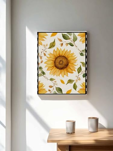 NuYeBiofx Farmhouse Sunflower Leaf Canvas Wall Art Prints,30"x20" Framed Picture Artwork Black Stripe Retro Linen Printed Canvas Oil Painting for Living Room Bedroom Office,Ready to Hang