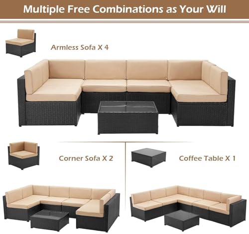7 Piece Outdoor Patio Furniture Set, PE Rattan Patio Wicker Sectional Furniture Chair Set with Cushions and Tea Table, (Black Rattan&Beige Cushion with Cover)