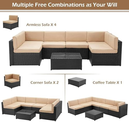 7 Piece Outdoor Patio Furniture Set, PE Rattan Patio Wicker Sectional Furniture Chair Set with Cushions and Tea Table, (Black Rattan&Beige Cushion with Cover)