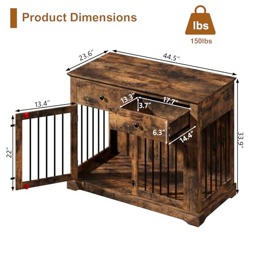 Large Dog Crate Furniture with 2 Drawers, 44 Inch Wooden Dog Kennel Indoor, view 3