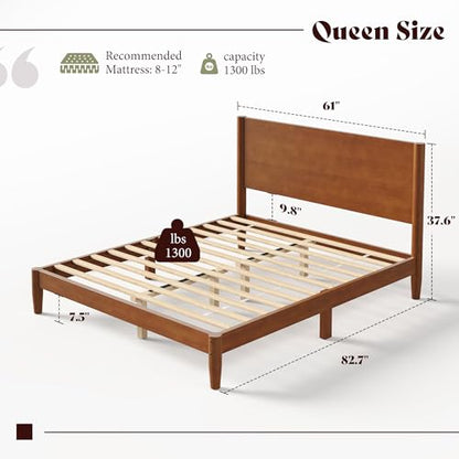 Solid Wood Queen Bed Frame, Mid Century Bed with Headboard, Brown, view 3