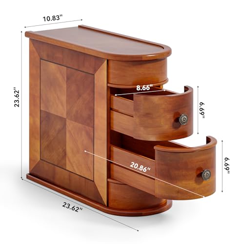 Wood End Table with 2 Drawers Sofa Side Table, No Assembly Required Vintage Slim Nightstand Bedside Table for Bedroom
