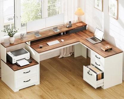 Farmhouse 68 Inch L Shaped Executive Desk with Drawers, Walnut+White, view 2