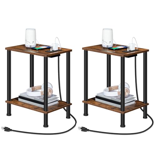 Side Table with Charging Station, Set of 2 End Tables with USB Port and Outlets, Nightstand with 2-Layer Storage Shelves for Small Spaces, Living Room, Bedroom, Rustic Brown BF09UBZP201