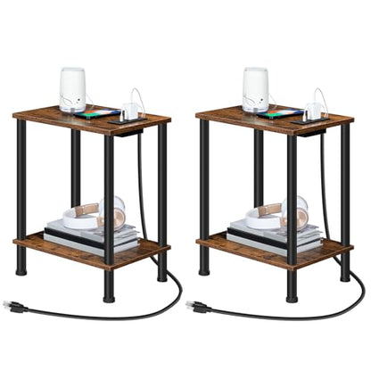Side Table with Charging Station, Set of 2 End Tables with USB Port and Outlets, Nightstand with 2-Layer Storage Shelves for Small Spaces, Living Room, Bedroom, Rustic Brown BF09UBZP201