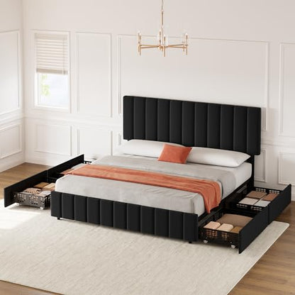 King Size Bed Frame, Linen Bed Frame with 4 Storage Drawers, Black, view 8