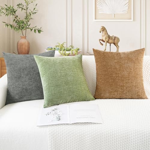 Throw Pillow Covers Decorative 20 X 20 Inches Pack of 2 Cozy Chenille Cushion Cases for Couch Sofa Bed Living Room Home Sage Green