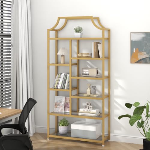 8-Open Shelf Bookshelf, 70.87" H x 31.5" L Lux Etagere, Tempered Glass Bookcase, Tall Storage Display Modern Open Book Case for Bedroom, Home Office & Living Room, Gold Finish & Glass Shelving