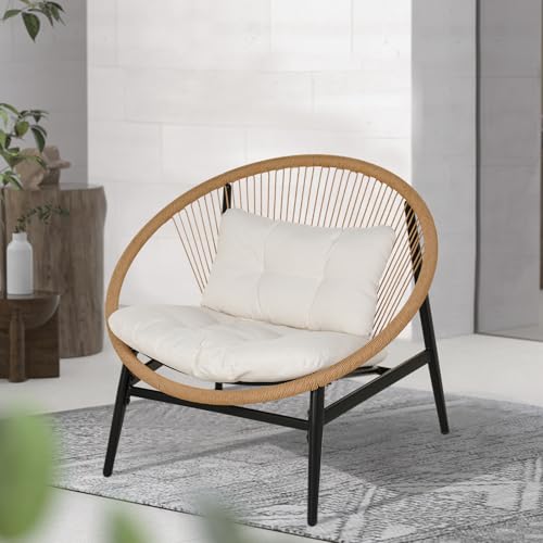 1-Piece Wicker Outdoor Chair, Patio Oversized Chair with Beige Cushion, Outdoor Furniture Set for Porch Balcony Deck Garden
