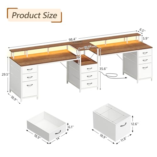 98.4" Long Computer Desk with 9 Drawers, 2 Person Gaming Desk with LED Lights & Power Outlet, Two Person Home Office Desk with Storage, Printer Shelf ＆ Monitor Stand, Brown and White