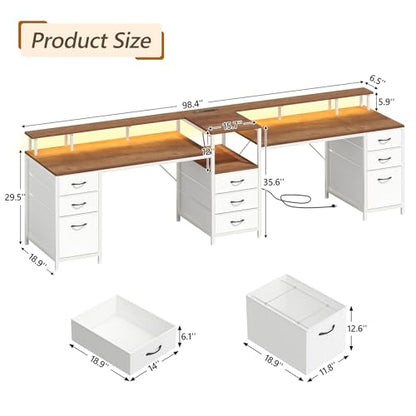 98.4" Long Computer Desk with 9 Drawers, 2 Person Gaming Desk with LED Lights & Power Outlet, Two Person Home Office Desk with Storage, Printer Shelf ＆ Monitor Stand, Brown and White