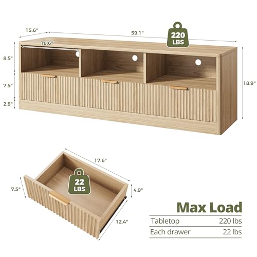 59" Fluted TV Stand for TVs Up to 65", Natural Oak, view 3