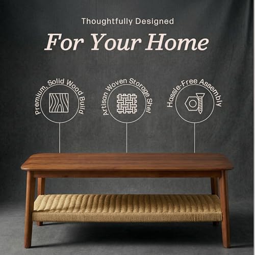 Calais 48 Inch Rectangular Solid Wood Coffee Table with Woven Storage Shelf – Mid Century Modern 2-Tier Living Room Table (Chestnut)