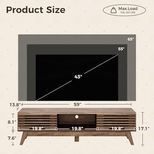 59" TV Stand for 55"/60"/65" TVs, Mid-Century Modern Fluted Entertainment Center with Sliding Doors, Storage Cabinets & Media Console Table, Living Room & Bedroom, Walnut