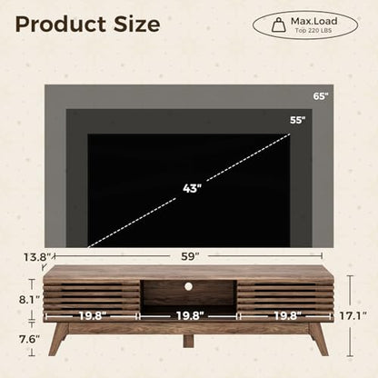 59" TV Stand for 55"/60"/65" TVs, Mid-Century Modern Fluted Entertainment Center with Sliding Doors, Storage Cabinets & Media Console Table, Living Room & Bedroom, Walnut