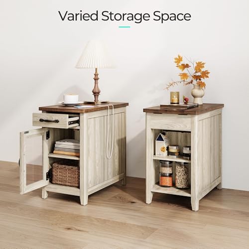 End Table with Charging Station, Modern Farmhouse Wooden Side Table with Drawer, Detachable Holder, Extra Storage & Display Space, for Living Room and Bedroom, Glass Door, Washed Grey