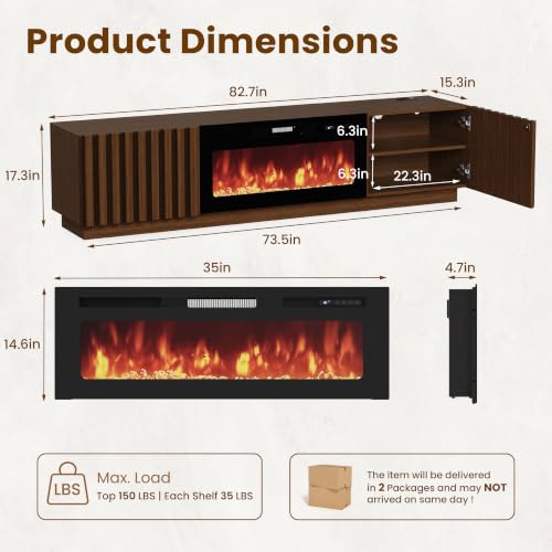 82.7" Fireplace TV Stand, Fluted TV Stands for Living Room, Walnut, view 3