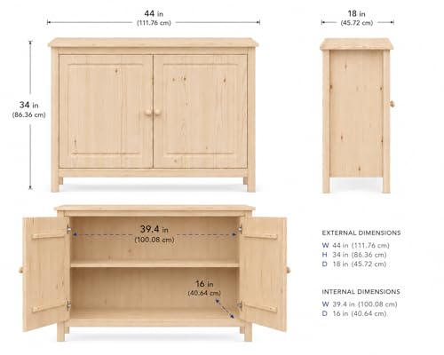 44" Wide Solid Pine Shaker Sideboard Buffet Cabinet — Natural Unfinished — 2, view 3