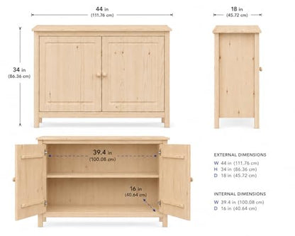 44" Wide Solid Pine Shaker Sideboard Buffet Cabinet — Natural Unfinished — 2, view 3