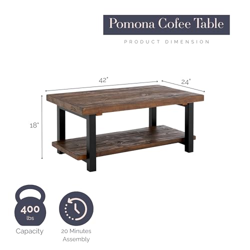 Pomona 42-Inch Rectangular Solid Wood Coffee Table with Storage Shelf & Metal Legs – Rustic Industrial Farmhouse Living Room Table by (Rustic Natural)