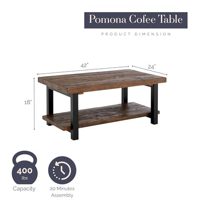 Pomona 42-Inch Rectangular Solid Wood Coffee Table with Storage Shelf & Metal Legs – Rustic Industrial Farmhouse Living Room Table by (Rustic Natural)